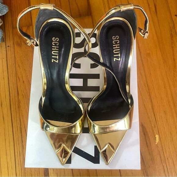 Schutz Pamela Heels Gold Ouro Claro shoes stilettos party Revolve NEW Sz 10 - Picture 9 of 13